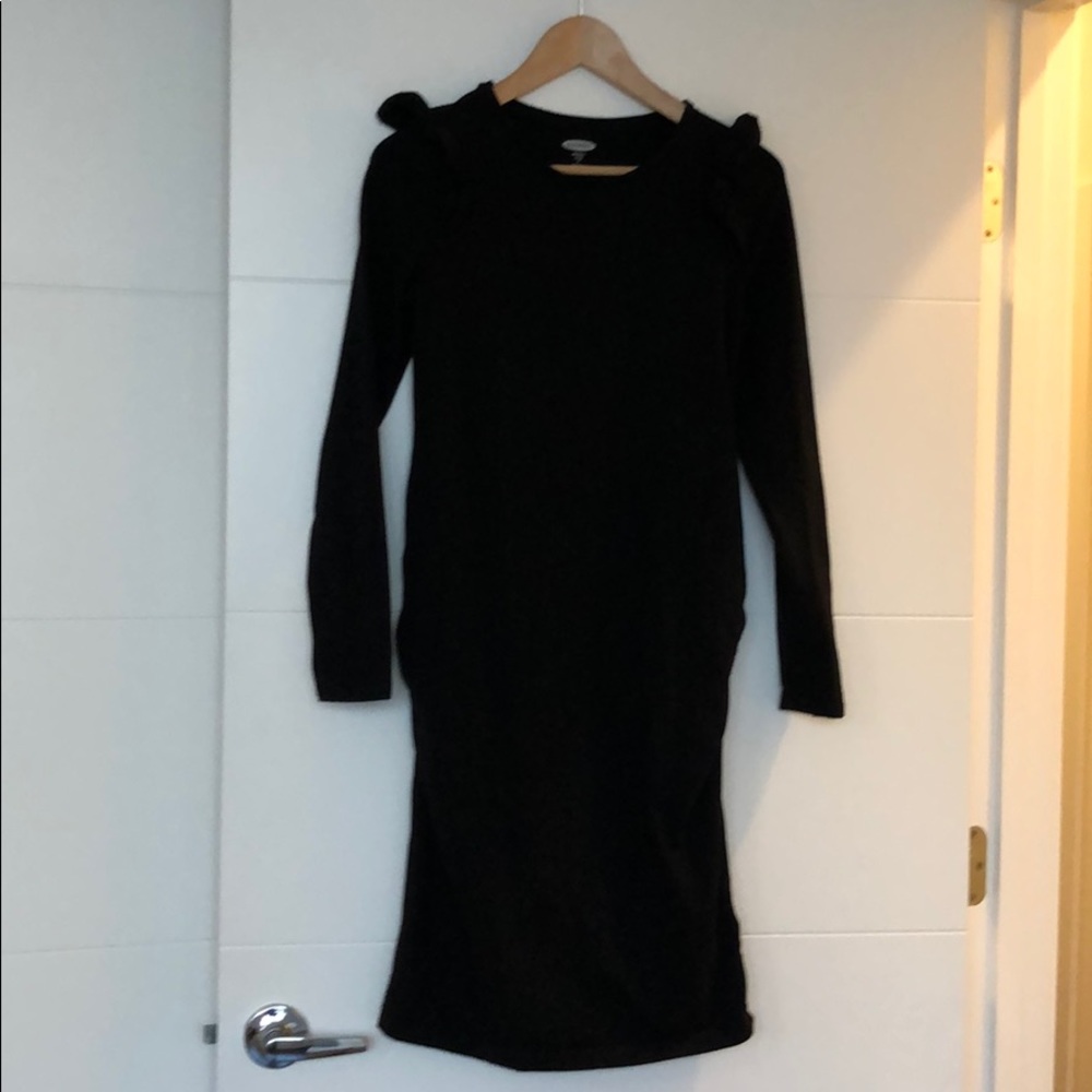 Maternity black dress with shoulder detail